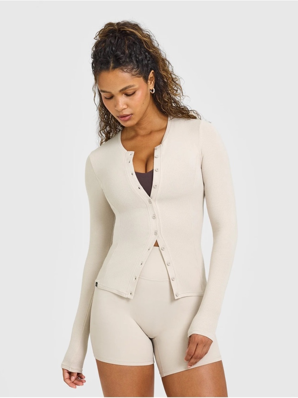 Oner Active Beige Ribbed Button-Down Long Sleeve Top